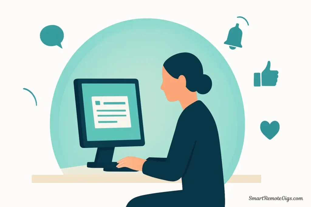 A vector illustration of a professional working at a desk with only one application window open, surrounded by a 'focus shield' that repels distractions.