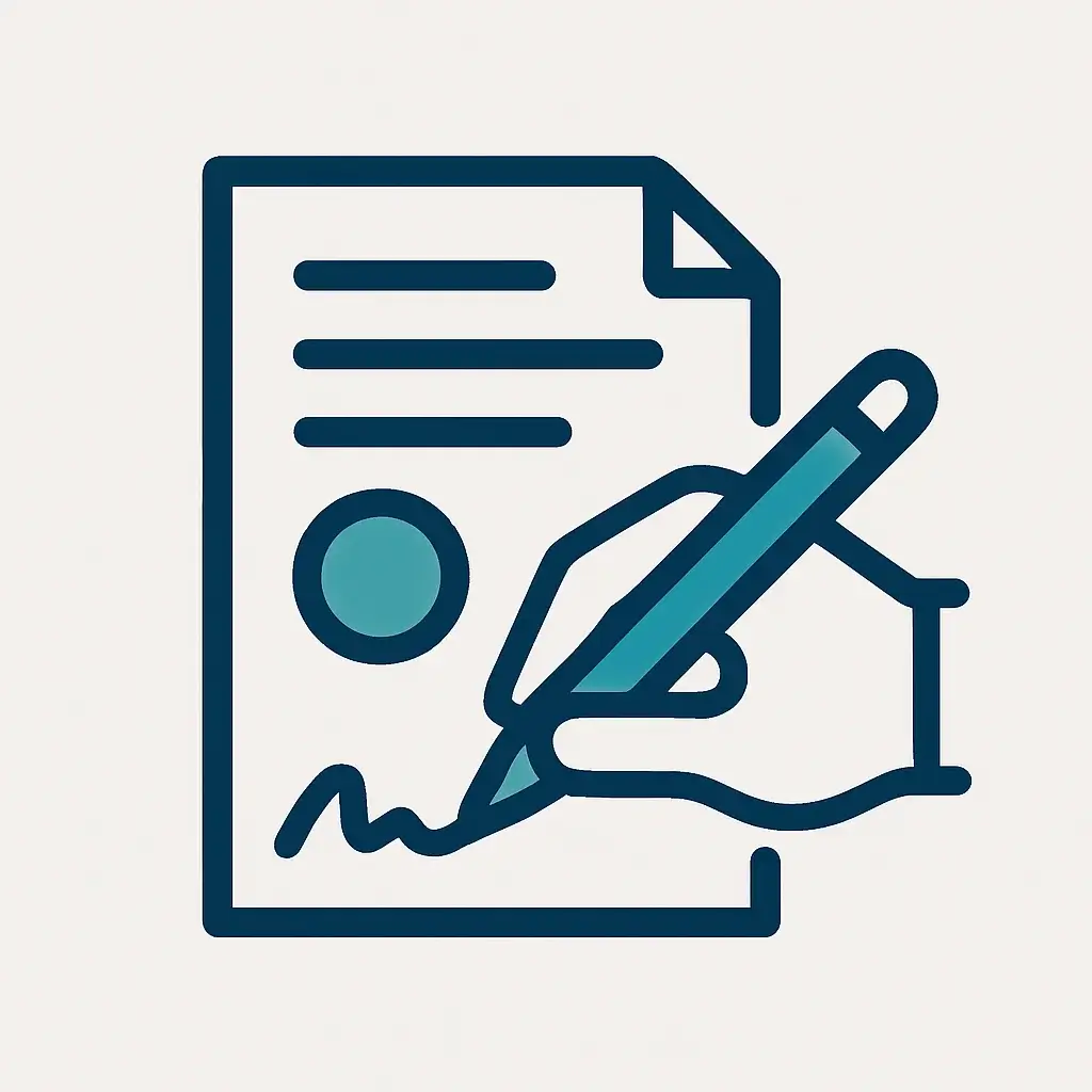 A clean line art icon of a hand signing an official document with a pen, representing the steps to form an LLC.