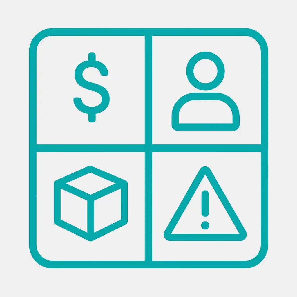 Icon for a founder's strategic planning: a chessboard with icons for money, people, and product.