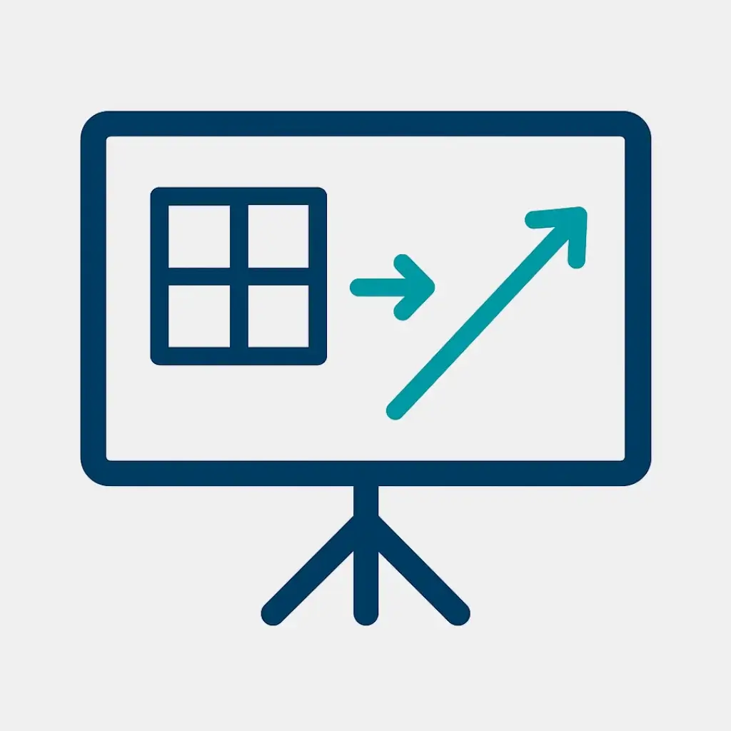 Icon for investor updates: a presentation showing the Eisenhower Matrix leading to a growth chart.