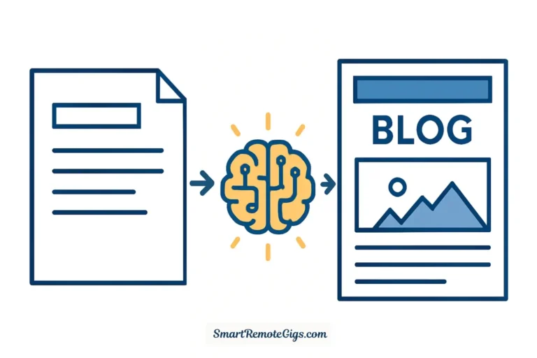 Illustration showing a blank page turning into a finished blog post via an AI brain, representing the free AI writing workflow.
