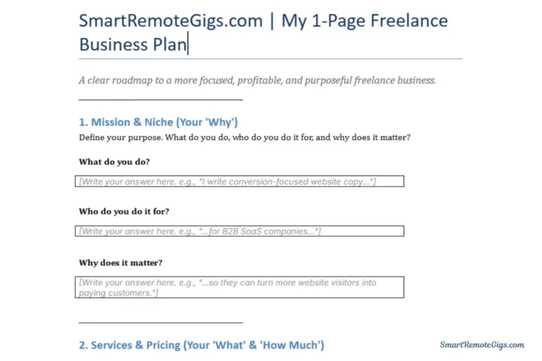 A screenshot of the free one-page freelance business plan template, showing the 7 sections for mission, services, clients, marketing, financials, systems, and goals clearly laid out in a clean, professional design.