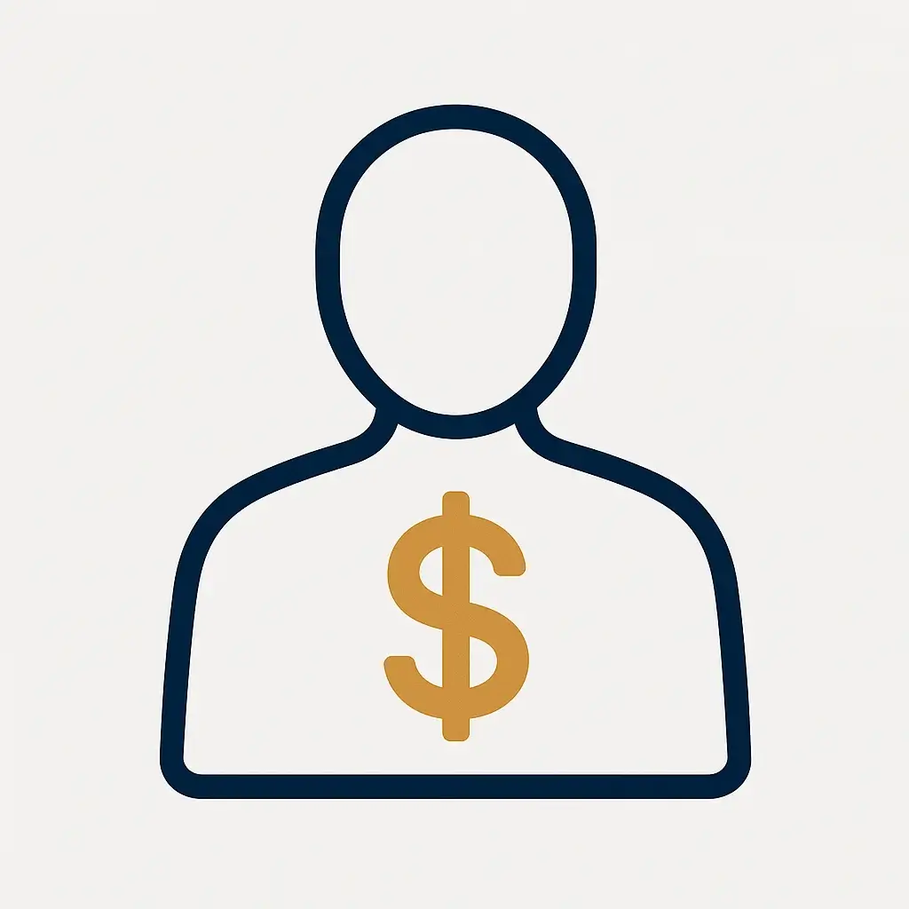 A clean line art icon of a single person silhouette with a dollar sign inside, representing the average revenue per client for a freelancer.