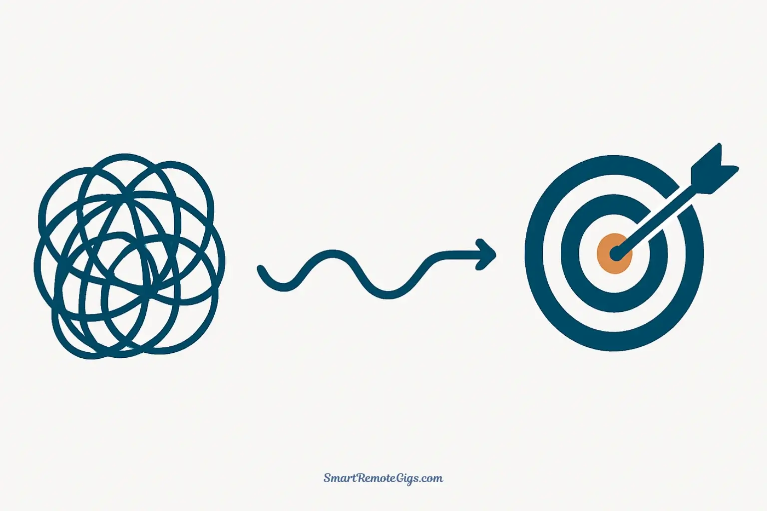 A minimalist vector illustration showing a tangled, chaotic line transforming into a straight, clear arrow hitting a target, representing the S.M.A.R.T. goal framework.