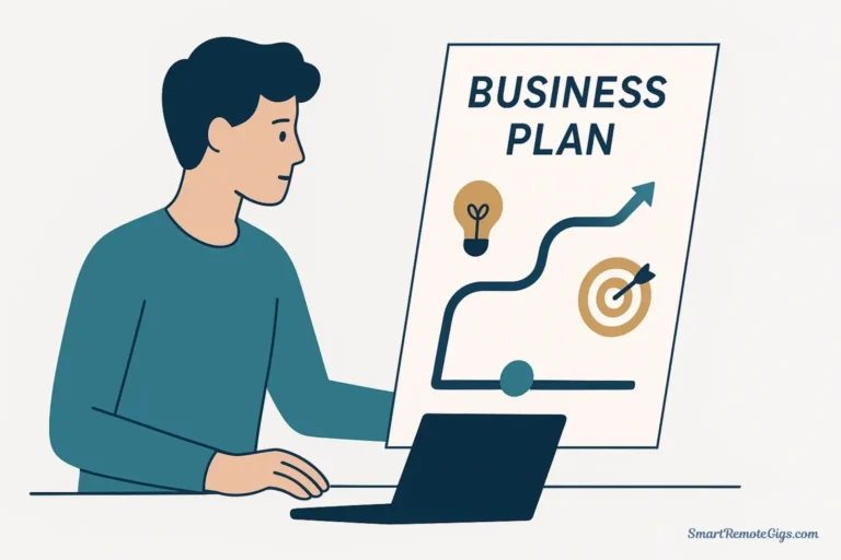 A minimalist vector illustration of a freelancer at a desk, looking confidently at a single piece of paper that is laid out like a simple, clear roadmap for their business.