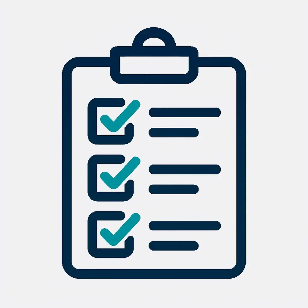 A clean line art icon of a checklist on a clipboard, representing the organized sections of the freelance business plan template.