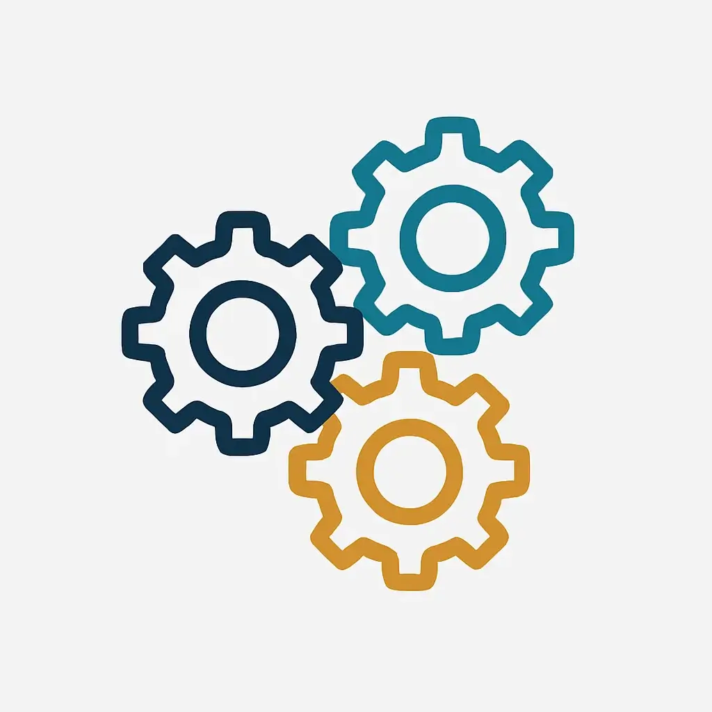A clean line art icon of three interlocking gears, representing freelance business systems and operational structure.