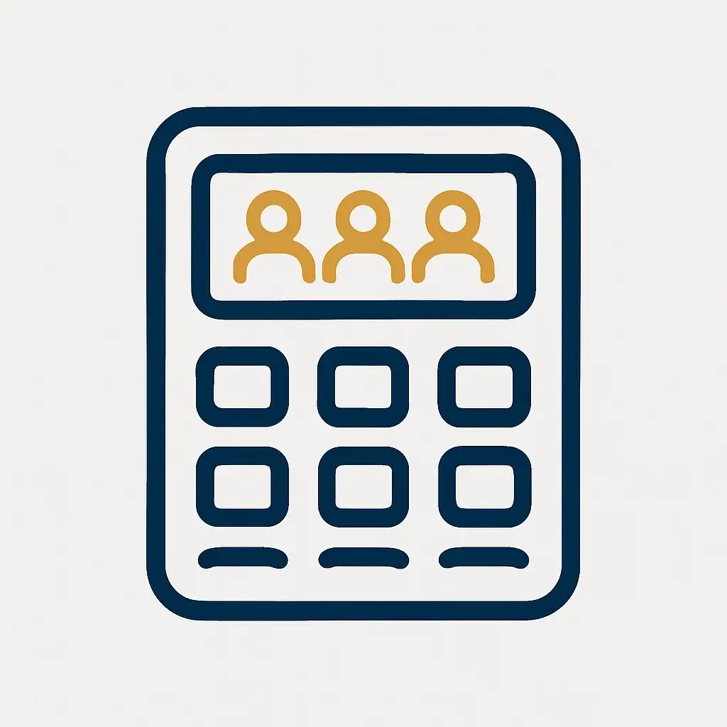 A clean line art icon of a simple calculator with several person silhouettes appearing on the screen, representing the calculation of clients needed.