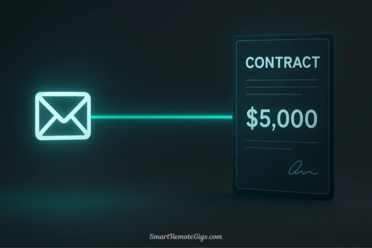 A 3D illustration for a freelance cold email case study, showing a single email icon on one side and a signed $5,000 contract on the other, connected by a glowing line.