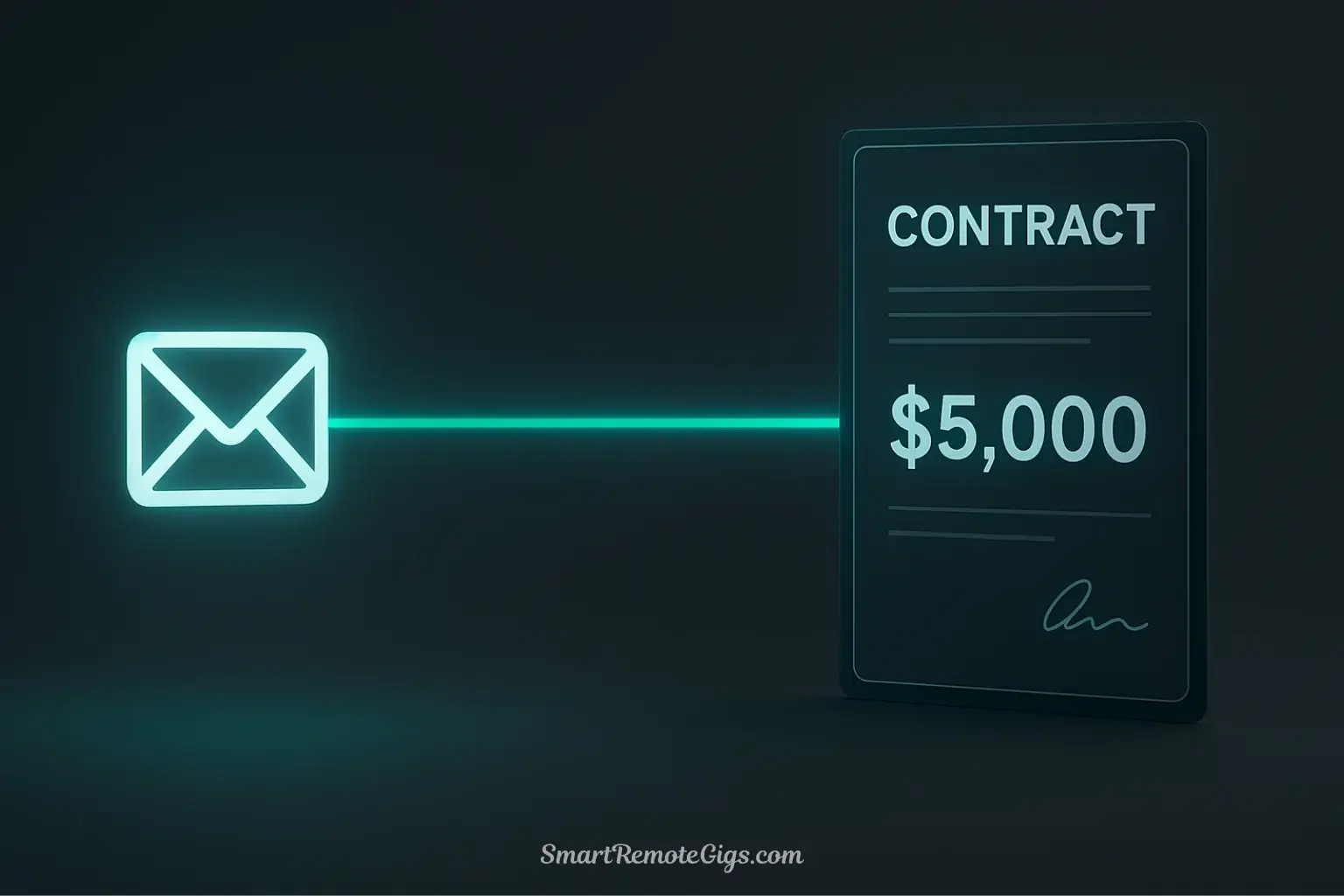A 3D illustration for a freelance cold email case study, showing a single email icon on one side and a signed $5,000 contract on the other, connected by a glowing line.