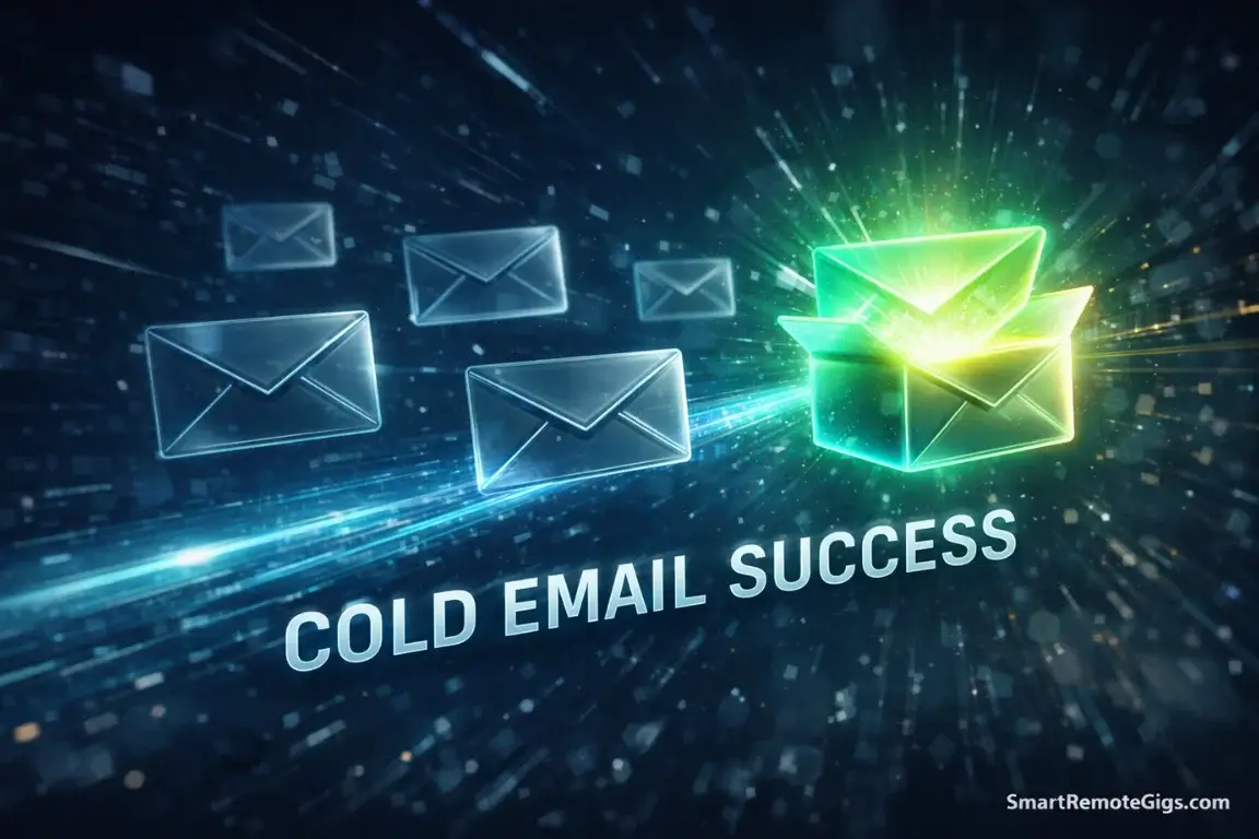 Five digital envelopes floating in a tech void, with one glowing green to represent a successful freelance cold email template.