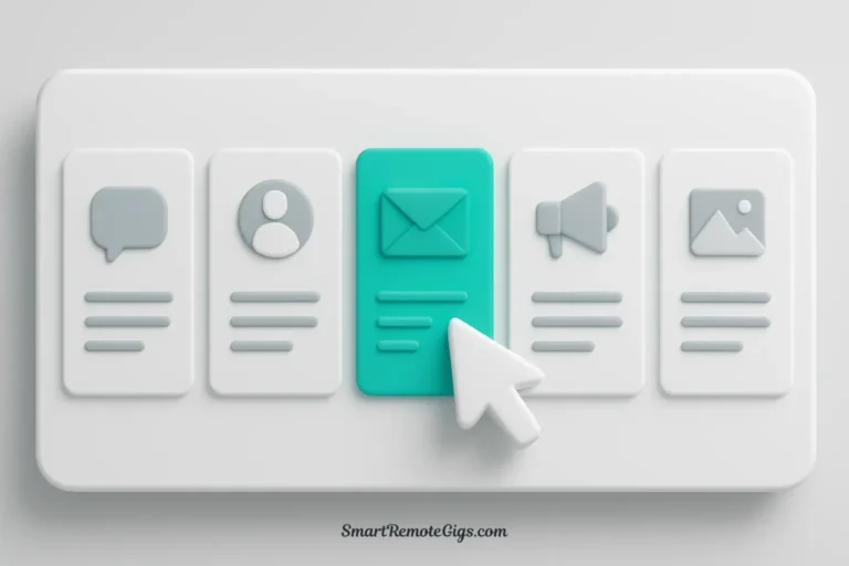 A 3D illustration showing a freelancer selecting a perfect email template from a series of professional options on a screen, representing a library of freelance cold email templates.