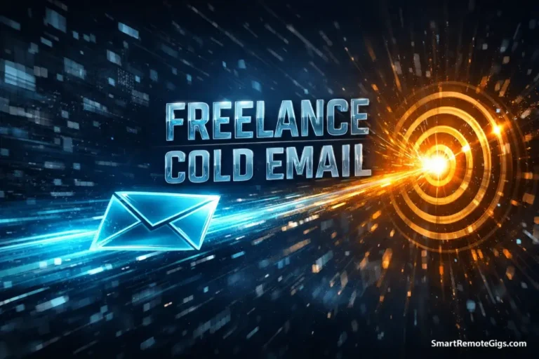 A futuristic digital envelope traveling through a data network to hit a golden target, representing strategic freelance cold emailing.