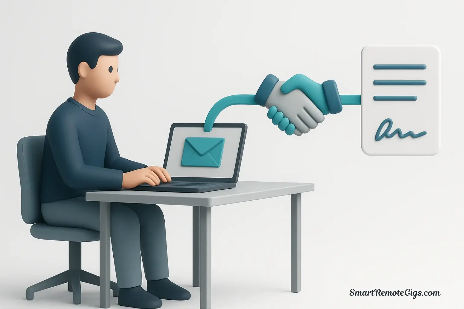 A 3D illustration showing a freelancer sending a cold email that transforms into a signed client contract, symbolizing a successful freelance cold emailing guide.
