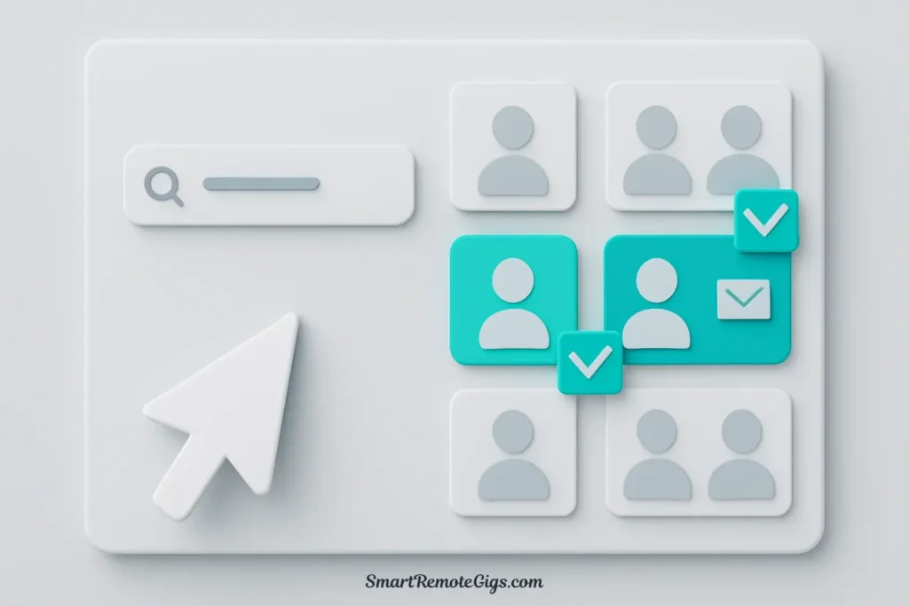A 3D illustration of a sophisticated search interface with a magnifying glass identifying and verifying email addresses from a database of contacts.