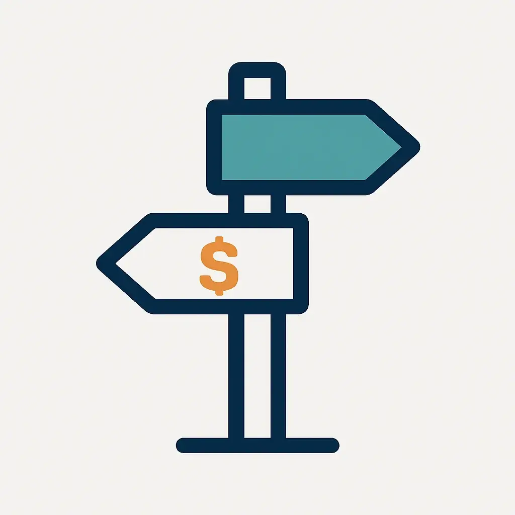 A clean line art icon of a signpost with two arrows pointing in different directions, representing making smarter business decisions with financial projections.