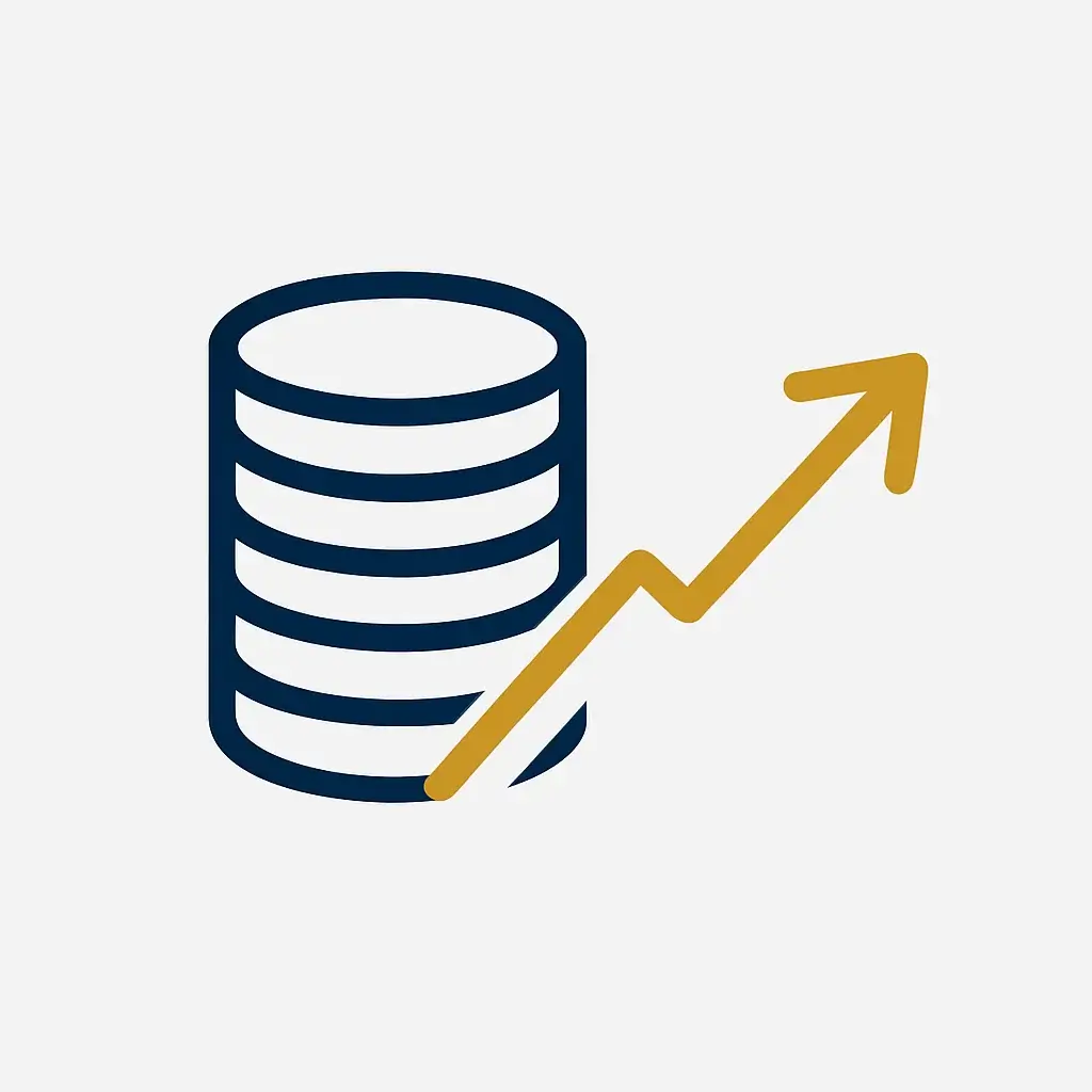 A clean line art icon of a neat stack of coins with a simple upward arrow next to it, representing freelance financial goals.