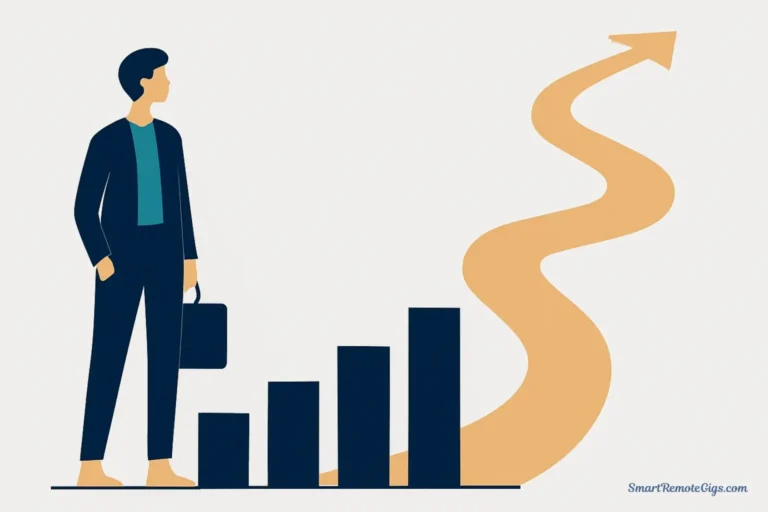 A minimalist vector illustration of a freelancer looking at a simple bar chart that is transforming into a clear path forward, representing financial projections as a business roadmap.
