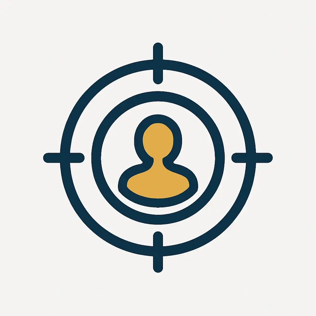 A clean line art icon of a target with a simple person silhouette in the center, representing a freelance ideal client profile.