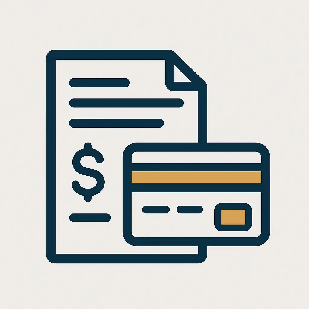 A clean line art icon of a professional invoice document next to a credit card, representing invoicing and financial tools for freelancers.