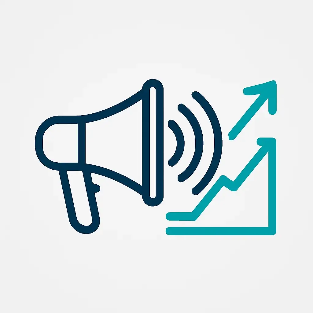 A clean line art icon of a megaphone with a simple, rising arrow graph emerging from it, representing a freelance marketing and sales plan.