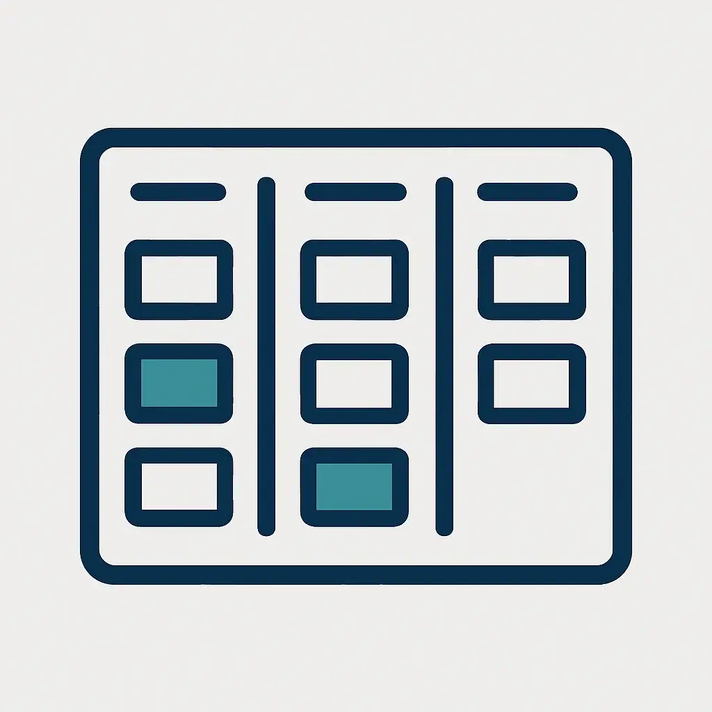 A clean line art icon of a Kanban-style board with several cards and lists, representing project and client management tools for freelancers.