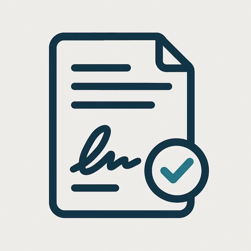 A clean line art icon of a formal document with a digital signature and a seal, representing proposal and contract tools for freelancers.