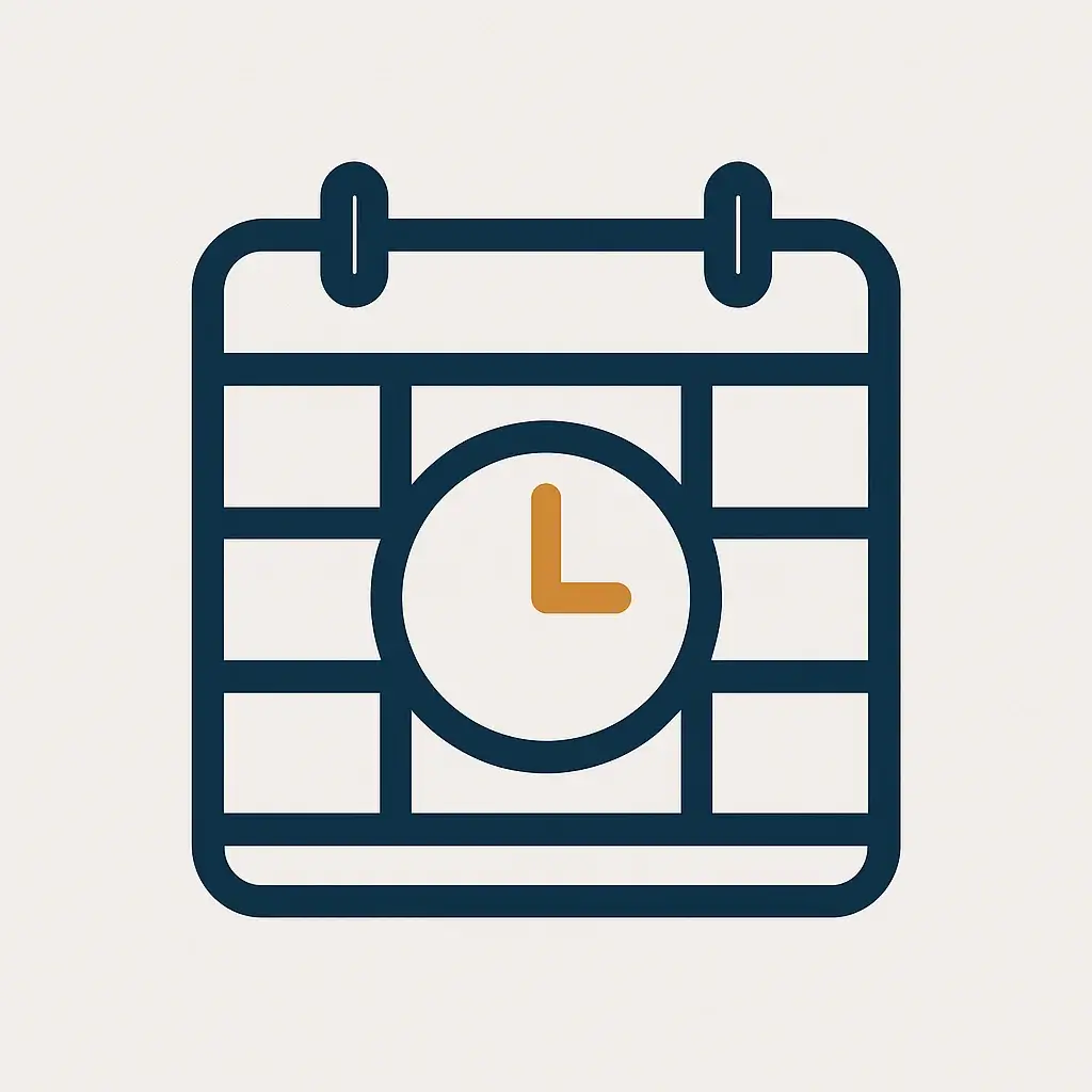A clean line art icon of a calendar with a clock face overlaid on top, representing communication and scheduling tools.