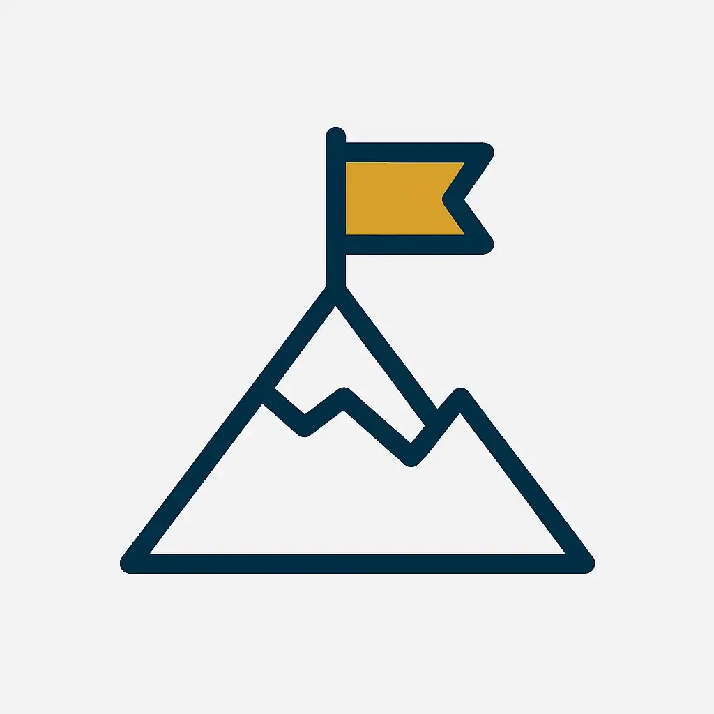 A clean line art icon of a flag planted on the peak of a mountain, representing the achievement of freelance business goals and success.