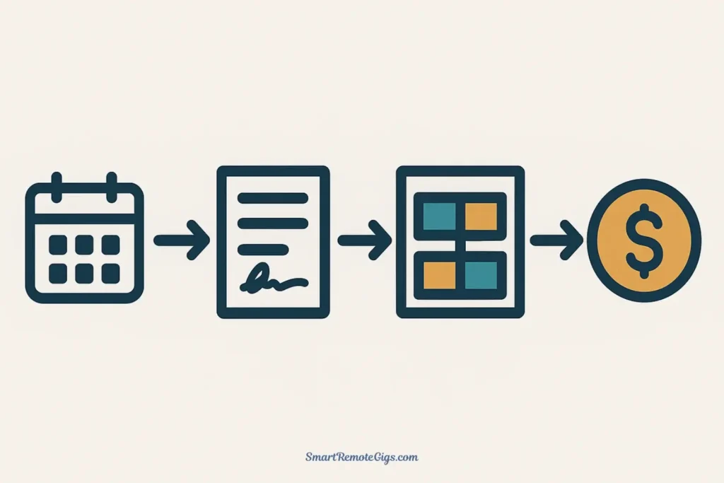 A minimalist vector illustration showing a sequence of icons connected by arrows in a flowchart, representing a seamless freelance workflow from scheduling to payment.