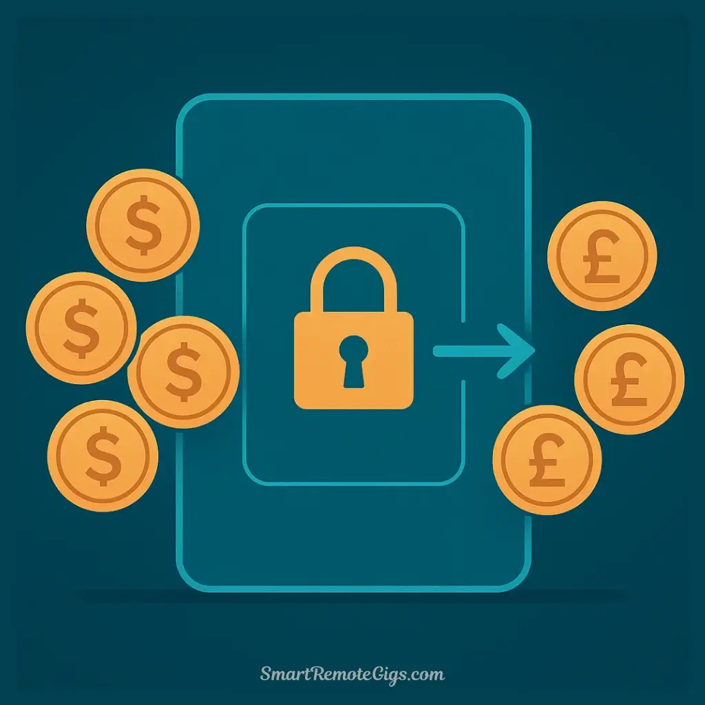 An illustration showing US Dollar coins being converted into UK Pound coins as they pass through a secure digital interface, symbolizing international payment for a remote job.