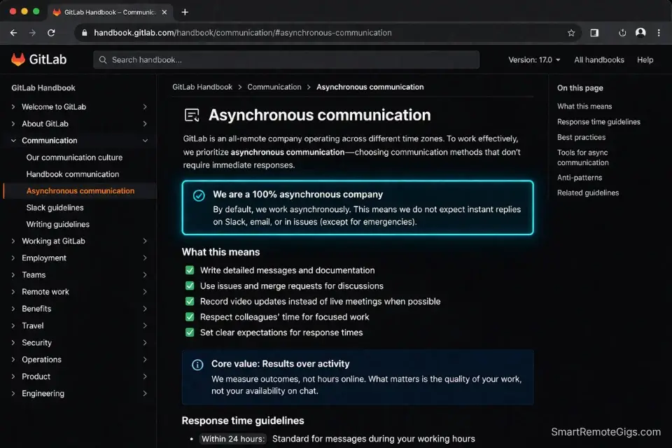 Screenshot of GitLab's public handbook highlighting asynchronous communication policies for remote project managers.