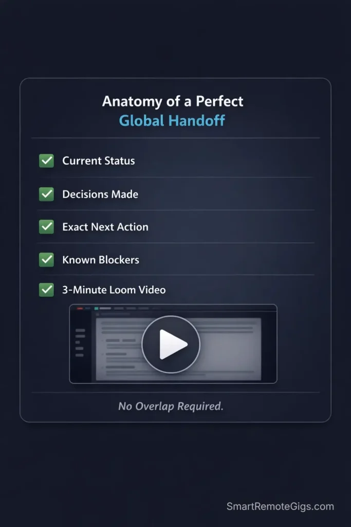 Infographic showing the anatomy of a perfect asynchronous global handoff checklist with an embedded Loom video.