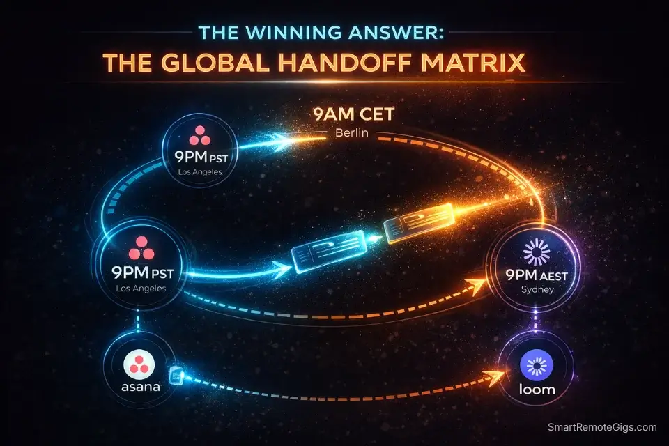 Infographic demonstrating the Global Handoff Matrix framework used to answer remote project manager interview questions about time zones.