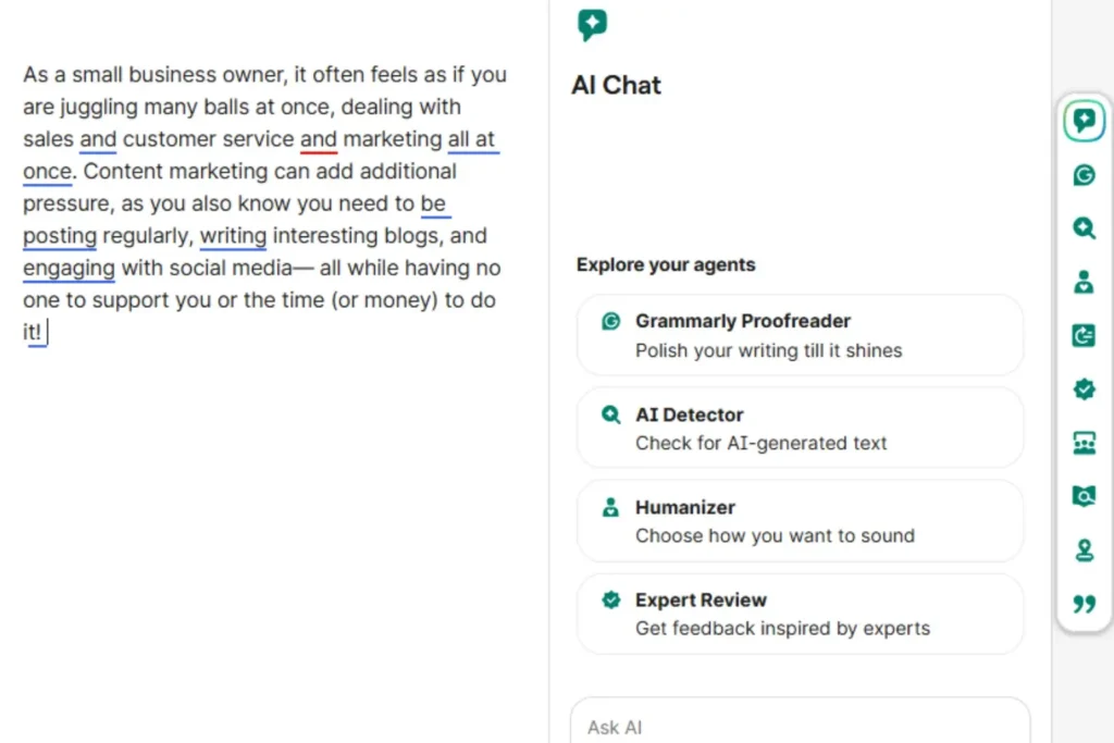 Screenshot of the Grammarly editor identifying and suggesting corrections for grammar and spelling errors in a blog post draft.