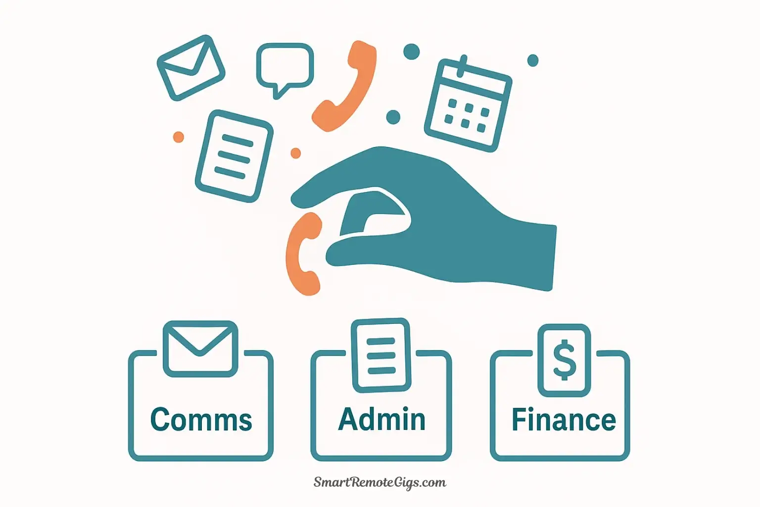 A vector illustration showing a hand sorting a scattered pile of task icons into neat, labeled groups like 'Comms,' 'Admin,' and 'Finance.'