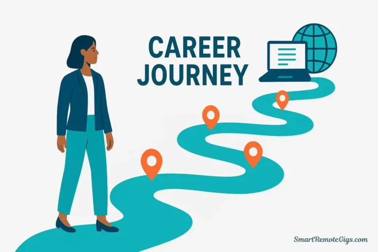 A diverse professional follows a career path roadmap with five steps to become a successful remote project manager, illustrating the complete guide.