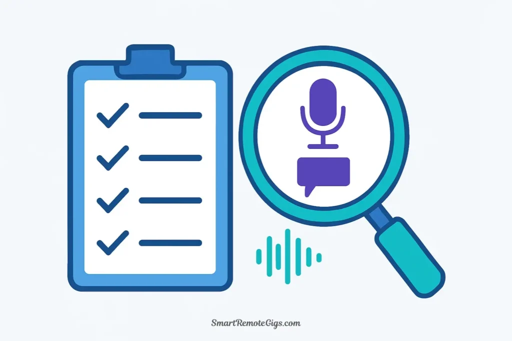 An illustration of a checklist and a magnifying glass over different audio icons, symbolizing how to choose the right AI voice generator.