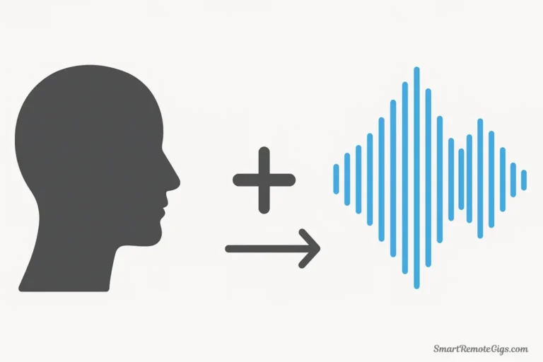 A grid of simple icons showing a microphone, a quiet room, a clock, and a script, representing the items needed for AI voice cloning.