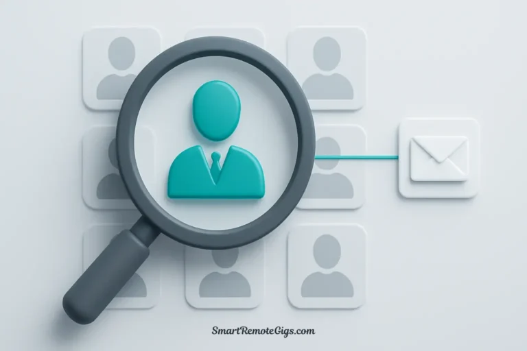 A 3D illustration of a magnifying glass hovering over a grid of abstract profiles, highlighting one specific profile and connecting it to an email icon, symbolizing the process of finding a client's email address.