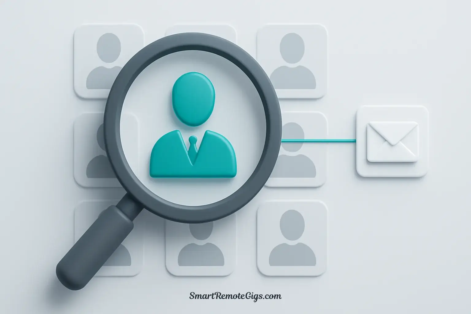 A 3D illustration of a magnifying glass hovering over a grid of abstract profiles, highlighting one specific profile and connecting it to an email icon, symbolizing the process of finding a client's email address.