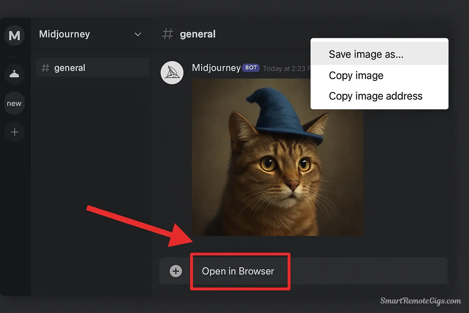 Screenshot showing an upscaled image in Midjourney with a red box highlighting the 'Open in Browser' button used for saving.