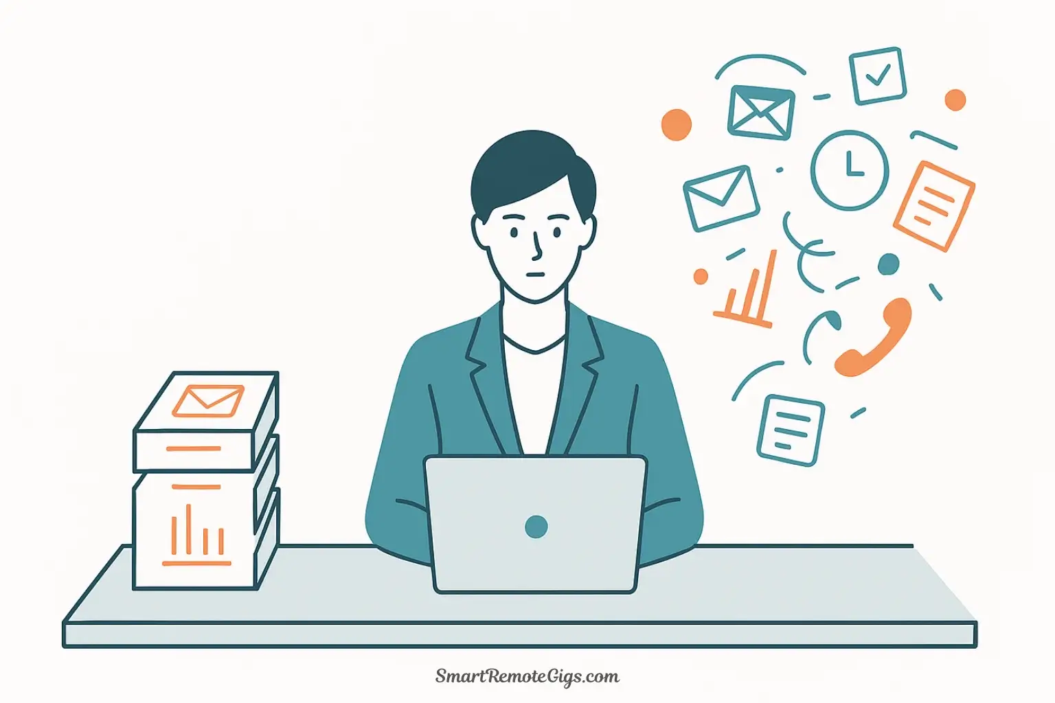 A vector illustration showing a professional efficiently working through a neat stack of batched tasks, while chaotic, ungrouped tasks are left behind.