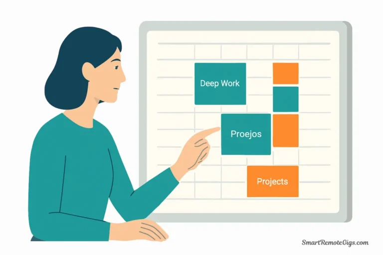 A vector illustration of a professional looking calmly at a perfectly time-blocked digital calendar, representing control and productivity.