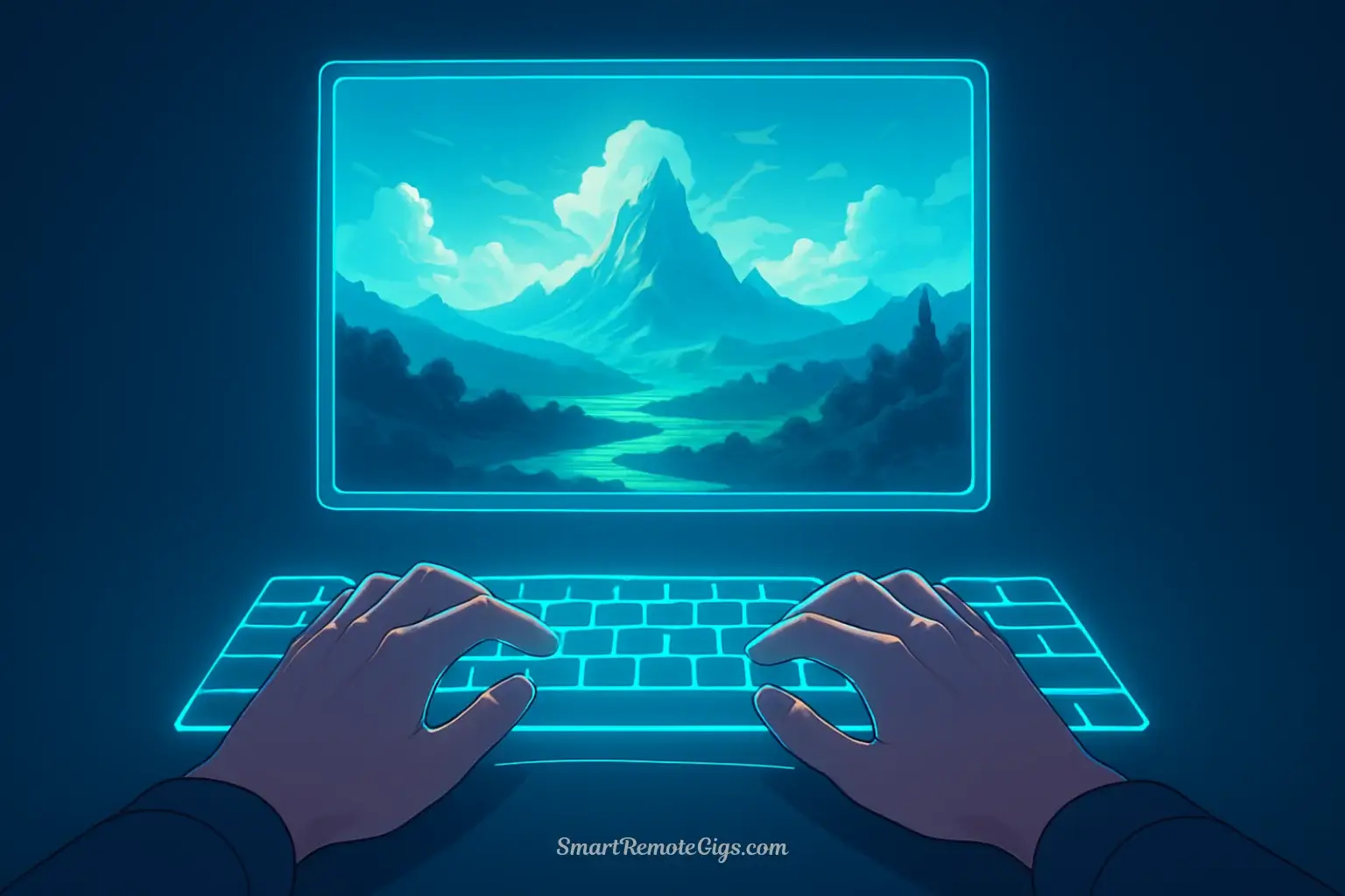 Conceptual art showing a person using a keyboard to generate an AI image with Midjourney, representing a beginner's guide.