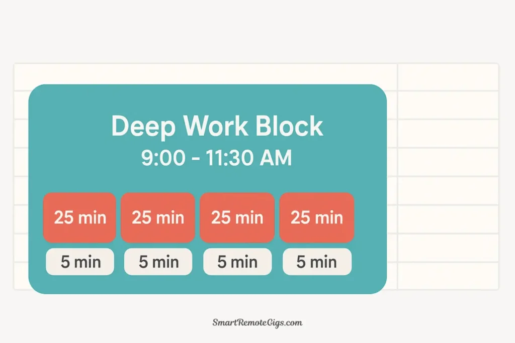 An infographic showing the hybrid productivity system: a large 'Deep Work' time block on a calendar, with the Pomodoro cycle of 25-minute sprints happening inside it.