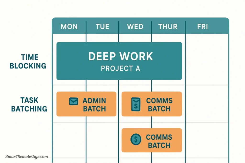 A visual infographic of a freelancer's weekly hybrid schedule, combining large morning time blocks for deep work with smaller afternoon task batches for admin and communications.