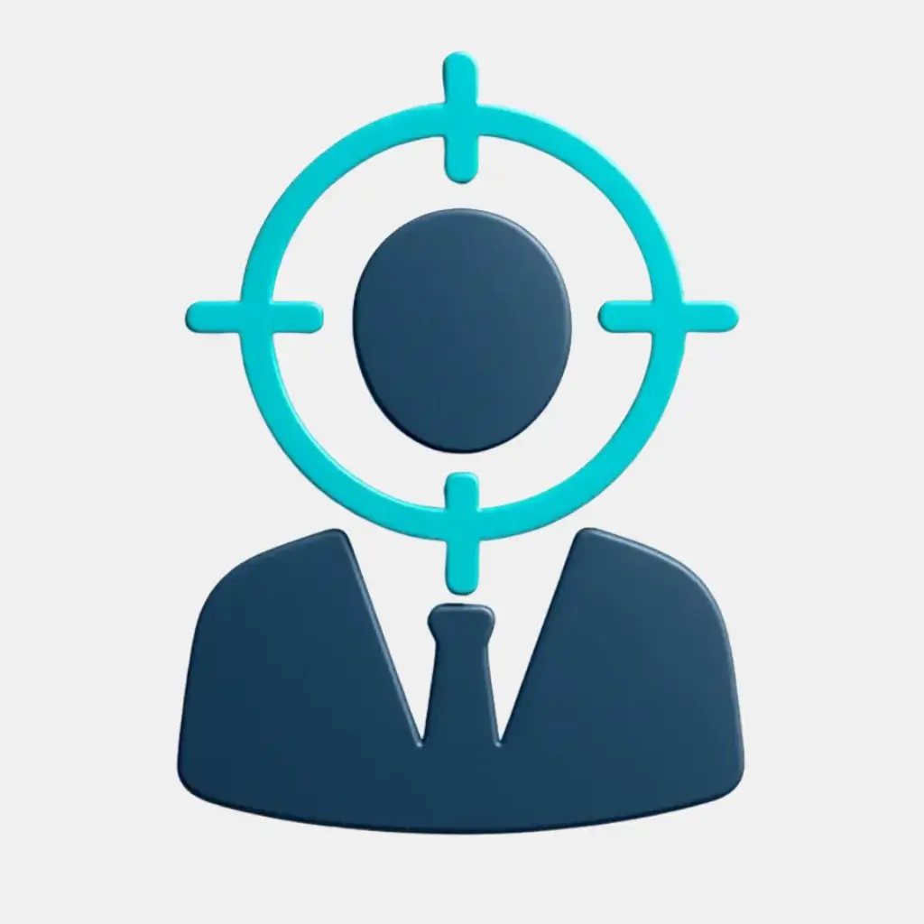 A 3D icon of a target reticle centered over a professional person silhouette, symbolizing the first step of identifying the right decision-maker.