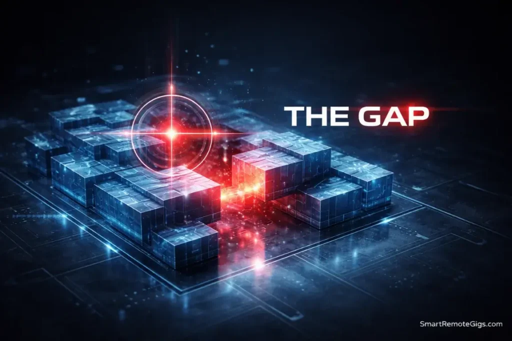 A digital blueprint of a company with a highlighted red gap, symbolizing identifying an urgent business problem.