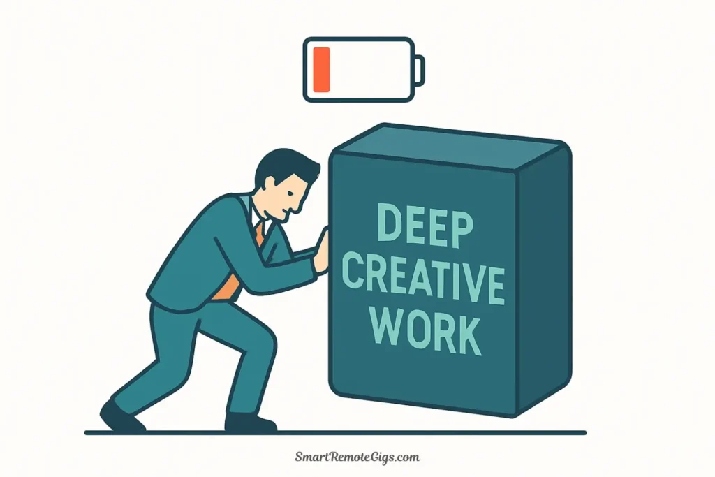 A vector illustration of a person with a low battery icon over their head trying to lift a heavy 'Deep Work' block, symbolizing working on a hard task with low energy.